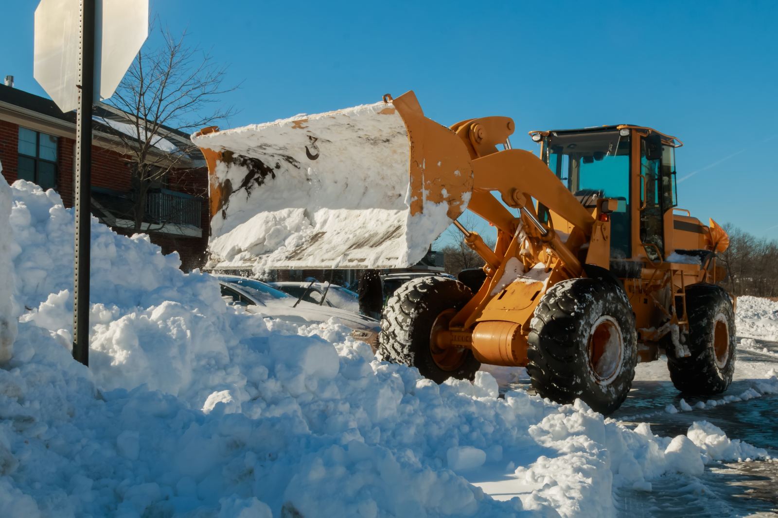 Loader lifting snow clear of parking stalls